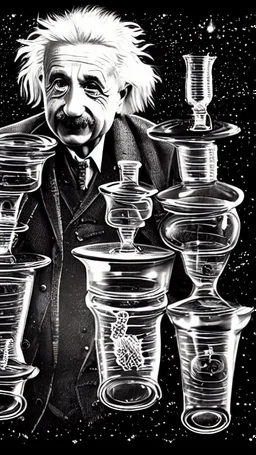 Albert Einstein, detailed and intricate calligraphy ink painting of a "cyborg Mad Scientist" holding beakers, outer space Background cosmic fractals, dystopian, concept art, unreal engine 5, god rays, ray tracing, RTX, lumen lighting, ultra detail, volumetric lighting, 3d, finely drawn, high definition, high resolution. award-winning: professional portrait: atmospheric: commanding: fantastical: clarity: 16k: ultra quality: striking: brilliance: stunning colors: amazing depth: masterfully crafted