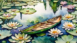 view from sky, photo realistic watercolor painting of canoe in waterlily lake Ariel view, full of waterlily flowers, green lake, pen line sketch and watercolor painting ,Inspired by the works of Daniel F. Gerhartz, with a fine art aesthetic and a highly detailed, realistic style