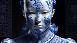 a woman made out of porcelain, in the style of balanced symmetry, white and blue, detailed facial features, organic forms, meticulous portraiture, complex patterns --ar 1:2 --stylize 350 --c 2 --v 6.0