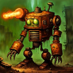 90's fantasy tcg art of rusted post apocalyptic robot in toxic ooze