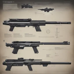 ConceptSheet by Jean-Claude Mézières: A document showing The Titan Mk IV Vanguard is a state-of-the-art battle rifle designed for elite military units operating in high-stakes and off-world environments. Its robust construction, advanced targeting systems, and modular design make it a versatile and powerful weapon on the battlefield.