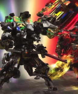 Photorealistic futuristic shiny samurai mechwarrior cutting a rainbow in half with a giant katana