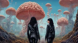 woman with black hair, in leather trousers and jacket, walking through Alien mushrooms with jellyfish tentacles in an alien forest, photorealistic, Deep Colour, Intricate Detail, sunshine, blue sky