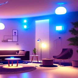 concept of futuristic living room, robot sitting, cinema 4d, blender, complex, beautyfull, 8k, lights