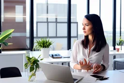 Beautiful problem solving woman in a modern office in sunshine