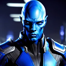 handsome blue-skinned alien soldier, mass effect style, masculine mysterious suave