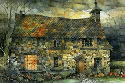 lone old stone cottage with lights on, by Frozen apocalypse " a patchwork art by Jamie heiden, peter doig, Renoir, pol Ledent, endre penovac, Gustave Loiseau, Arthur Rackham, Doug Chinnery, Maud Lewis. inlay, watercolors and ink, beautiful, fantastic view, extremely detailed, intricate, best quality, highest definition, rich colours. intricate beautiful dynamic lighting award winning fantastic view ultra detailed 4K 3D high definition hdr elegant intricate beautiful award winning fantastic view