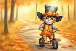 Cute little happy cat scarecrow riding a trike, forest path background, autumn, leaves swirling, waterfall, reflection, mist, sunrise, smooth intricate photorealistic hyperrealistic high definition beautiful lighting pencil sketch watercolor dramatic lighting storybook illustration polished Deep shadows deep color warm light