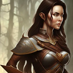 dungeons and dragons, female wood elf, druid, brown hair, brown eyes, full body, realistic face, short hair, large nose, closed mouth, leather armor, dark skin, one person