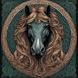 celtic horse's head I centered | symmetrical | key visual | intricate | highly detailed | iconic | precise lineart | vibrant and natural colors | comprehensive cinematic | alphonse mucha style illustration I very high resolution | sharp focus | poster | no watermarks I plain black background