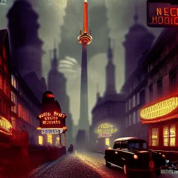 Retrofuturistic,European Neogothic imperial city, uphill Road, 1900s photograph, 8K resolution, #film, diffuse light,German noir,matte painting,chaos city, traffic,BioShock