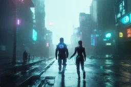 3D, beautiful, light reflecting, empty future city at night, rainy night, neon, cyberpunk, tron, one cyborg walking, 8k, finely detailed, photo realistic