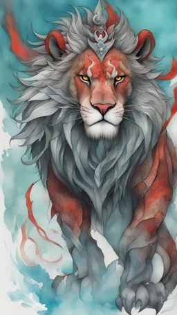 Morgana Avalon Multiple Book of Colors, Sketch, Watercolor, Dark, Gritty, Realistic Illustration, Rough Drawing, Mix of Bold Lines and Loose Lines, Bold Lines, on Paper, . The embodiment of a legend, a hybrid of a lion and half a dragon, full body, mysterious symbols, runes, distinctive appearance, white turquoise fur with glowing red tattoos., beautiful, embroidered with runes, humble. embroidered with a rune