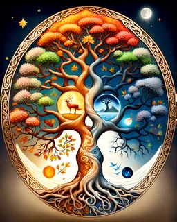 The tree of life consists of four seasons: spring, summer, autumn, winter, along with light and darkness, star, moon, sun, yang-ying, water, wind, soil, fire, love