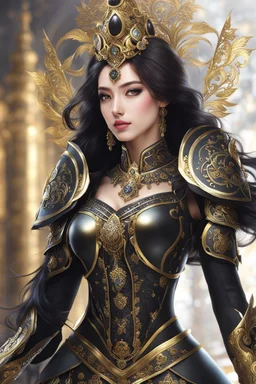 Realistic photography,front_view, (1Queen, looking at viewer), black long hair,traditional dress ornaments mechanical_armor, intricate armor, delicate golden filigree, intricate filigree, black metalic parts, detailed part, dynamic pose, abstrac background, dynamic lighting