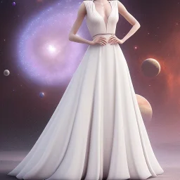 model shoot style, digital art full body portrait of (Princess Leia) ((dressed in white and off white gown)), surrounded by planets, ultra-detailed, ultra quality, ((official character art)), (dark fantasy), illustration, eerie atmosphere, 8k, cinematic lighting, bokeh