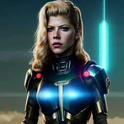 Actress , sci-fi, cyber punk , Katheryn Winnick, portrait, circuitry, samurai, 16 bit, unreal engine 5, god light, ultra hd, vibrant color, gradient background