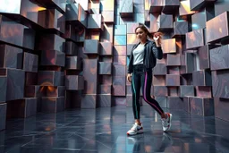 beautiful lady with todays modern clothing and sport shoes, in surreal stage made of fractal random size objects with helical strip colors in clothing similar to environment full body dancing to camera,animating background metallic random color cubes