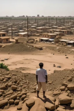 Sudan, destroyed city, airstrikes, one man in the distance