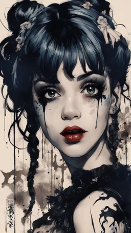 Poster in two gradually, a one side malevolent goth vampire girl face and other side the Singer Melanie Martinez face, full body, painting by Yoji Shinkawa, darkblue and sepia tones,