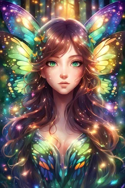 Beautiful anime butterfly girl with shiny brown flowing hair, glitter colorful butterfly wings, lovely glowing green eyes, surrounded by magical colorful forest and flickering lights, digital painting, kaleidoscope, vibrant colors, vivid colors, colorful