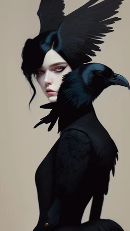 painting by koson ohara and marta bevacqua, portrait of a beautiful goth woman with black hair Caress a crow, wearing a black dress, 8k, high quality, highly detailed full body