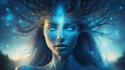 The photo is in a bioluminescent and bioluminescent art style depicting a divine tree woman, double exposure, Bioluminescent dewy translucent glowing skin, ethereal glowing eyes, long neck, perfect face in ultra-realistic details, blue hues, flowing hair, The composition imitates a cinematic film with dazzling, gold and silver lighting effects. Intricate details, sharp focus, crystal clear skin create high detail. 3d, 64k, high resolution, high detail, computer graphics, hyperrealism, f/16, 1/30