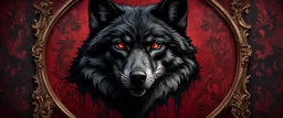 Hyper Realistic Horrifying Black Wolf Portrait with Fancy Frame On Dark Fancy Grungy Red Damask Texture Wall with peeling & vignette effect at night