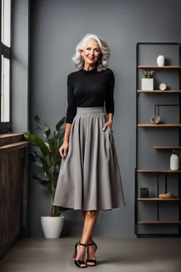 full body of very beautiful lady midi skirt and bluse , gray hair ,standing idle happy pose in studio pretty makeup