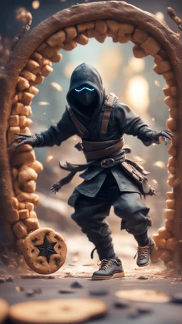 portrait of wilderness ninja stepping through portal wearing clawed shoes, we can only see part of him on this side of the portal, he is throwing ninja stars that looks like cookies at mega alien looking dogs during a game show, bokeh like f/0.8, tilt-shift lens 8k, high detail, smooth render, down-light, unreal engine, prize winning