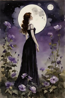 Night, purple flowers, moon, gothic horror films influence, winslow homer watercolor paintings