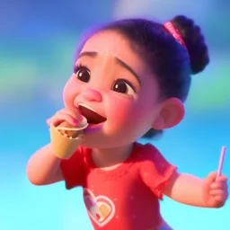 cute, adorable, smiling girl eating ice cream, candies flying all around her, Pixar, disney, cinema lighting, gaming, 8k, magic, love --q 1 --v 4