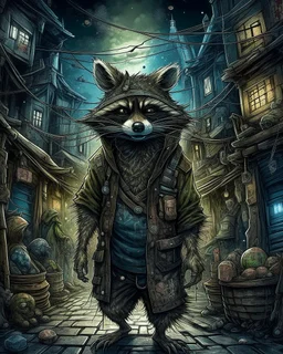 highly detailed concept illustration of an alternate reality ancient China racoon wanderer in dark street, maximalist, highest resolution, in the styles of Alex Pardee, Denis Forkas, and Masahiro Ito, boldly inked, 8k, coarse, gritty textures