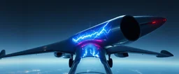 pinhole cam, airbrush 3d rendering,,A futuristic airplane seen from the side. A glowing transparent lightning tube is mounted horizontally across the rear of the aircraft, perpendicular to the fuselage, like a crosswise energy reactor. Blue-white lightning inside the tube. Cinematic, realistic, industrial sci-fi.