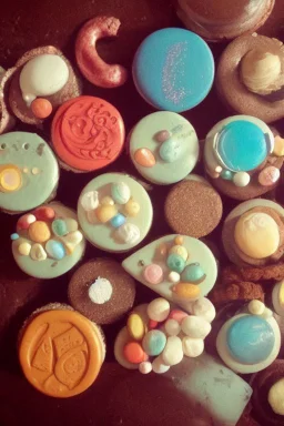 Mercury, Venus earth, Mars, Jupiter, Saturn, Uranus, Neptune made of macarons, candies and biscuits