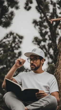 A man wears a white Dad Hat and wears glasses and is busy reading with a tree behind him, high resolution, and the image focuses on the Dad Hat