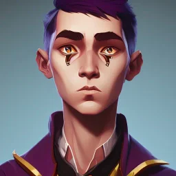 Portrait of a 9 year old warlock boy with tricky eyes Nick Harris style