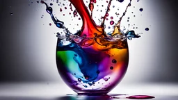 Splash! Multicoloured ink drops diffusing gently into a glass vessel full of water, amazing detail, beautiful composition, award-winning photograph, astonishing realism