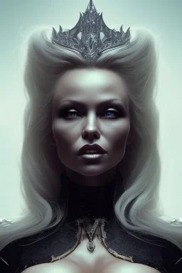 Pamela Anderson as evil queen in black leather, leather, busty, cleavage, angry, stern look. character design by cory loftis, fenghua zhong, ryohei hase, ismail inceoglu and ruan jia. unreal engine 5, artistic lighting, highly detailed, photorealistic, fantasy