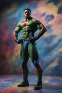 harry lennix, martian manhunter, extremely huge, overexaggerated muscles, posing and flexing in a front of the camera, random extreme action poses, an extremely colorful, multicolored foggy blue marble wall in the background with a colorful marble tile floor, multicolored lightning, realism engine,