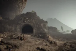 full landscape, stone temple, in cave, volcano, atmospheric, realistic, unreal engine, cinematic lighting, octane render.