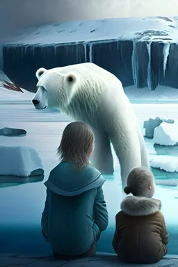 Niño y niña observan con tristeza cómo el glaciar se derrite y cae en el mar, a un lado un oso polar se con una mirada de preocupación