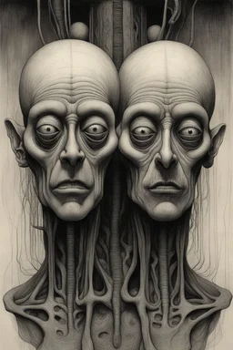 an old men , a thin line draw ، Siamese brothers with one body of two heads , front view camera, decayed and rotting with grotesque proportions and imagery. surreal horror, biomechanical design, by hr giger and beksinski , fine lines draw