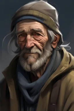 a homeless man, kindhearted, old male, dnd, high resolution