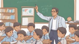 A male teacher explaining in a primary school, Egyptian complexion