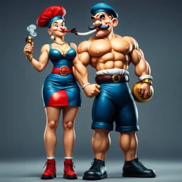 Popeye con pipa de fumar y su novia Oliva, arte estilo pop, calidad ultra, hiperdetallado, 64k, full body