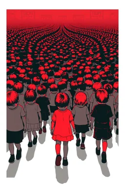 "A conceptual black-and- dark Red digital illustration of a massive children walking in the same direction, heads down, symbolizing conformity. The atmosphere feels lifeless and repetitive, emphasizing the ordinary mindset of the majority."