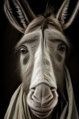 a photorealistic portrait of a stunningly beautiful donkey without make-up, extremely detailed light hazel eyes, detailed symmetric realistic face, natural skin texture, extremely detailed skin with skin pores, peach fuzz, messy hair, wearing shawl over her head, masterpiece, absurdres, award winning photo by lee jeffries, nikon d850 film stock photograph, kodak portra 400 camera f1.6 lens, extremely detailed, amazing, fine detail, rich colors, hyper realistic lifelike texture, dramatic lighting