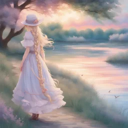 A stunning young woman with long braided ash blonde hair, adorned in an exquisite dress and hat, gracefully strolls along the banks of the Thames River. The vibrant colors of the anime-inspired painting create a dreamy and breathtaking atmosphere. The artwork, created by the talented artist Alexis Flower, captures the ethereal beauty of a picturesque morning. The flowing lines and delicate details in Lynn Varley's illustration elevate this piece to a level of sheer beauty and elegance. Truly a m