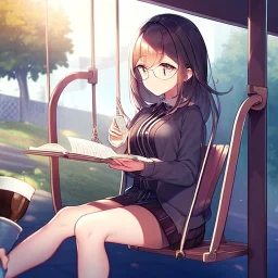 anime girl sitting on a porch swing, drinking a cup of coffee, writing in a book